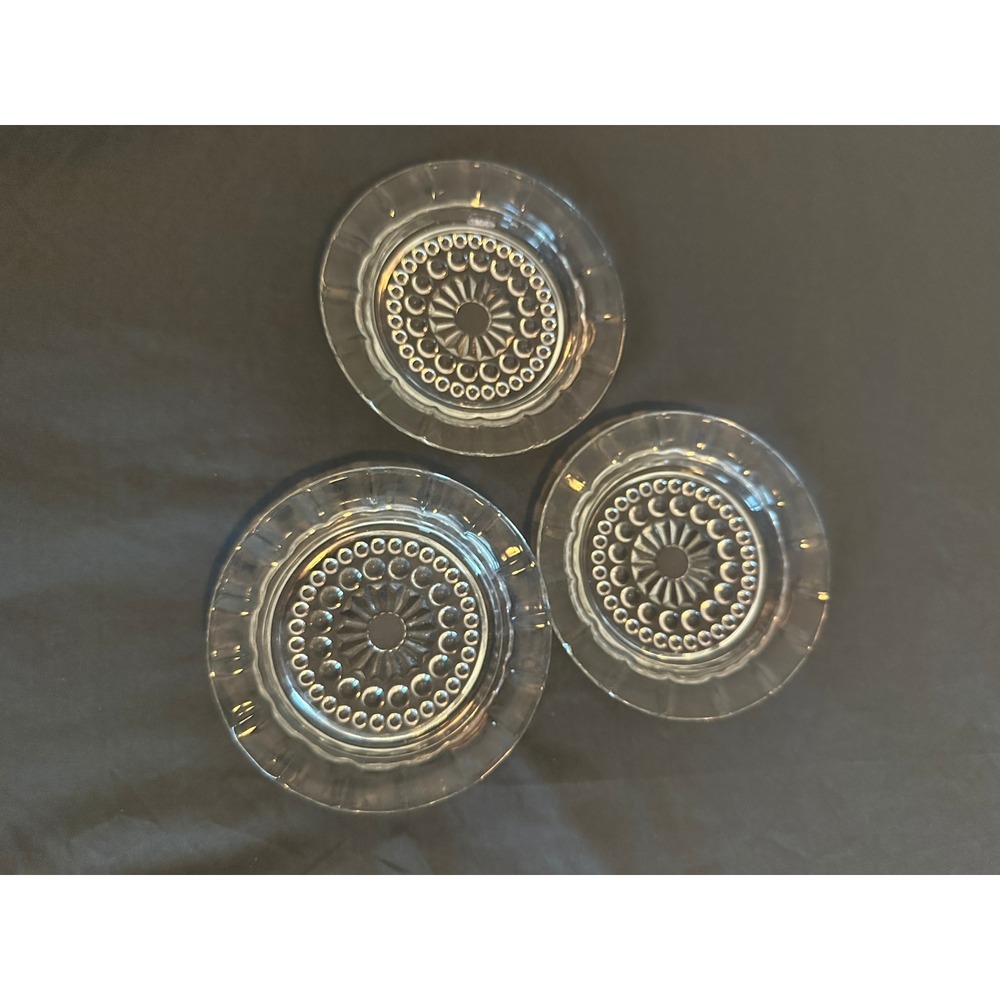 Vintage Clear Pressed Glass Coasters Set of 3 Sunburst Hobnail Scalloped Rim 4.5
